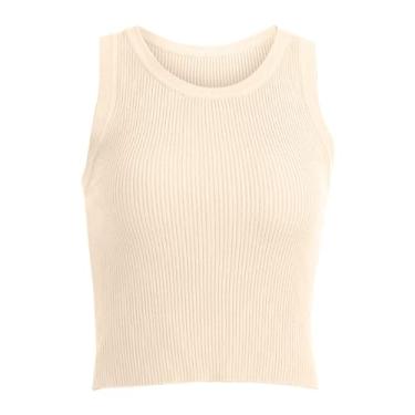 Imagem de Camiseta feminina básica de gola redonda, costas nadadoras, malha canelada lisa, sem mangas, regata de compressão para mulheres, Bege, Tamanho Único