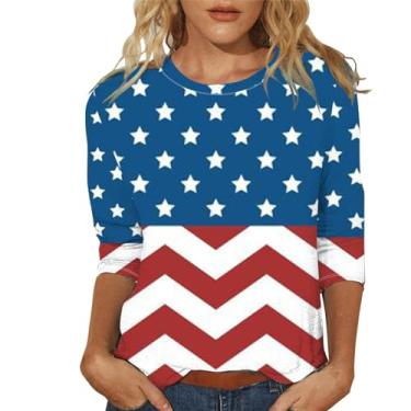 Imagem de Camisetas femininas 4th of July Flag American Flag Star Stripes 3/4 Sleeve Fourth of July Shirts Going Out Tops 2024, A - azul escuro, G
