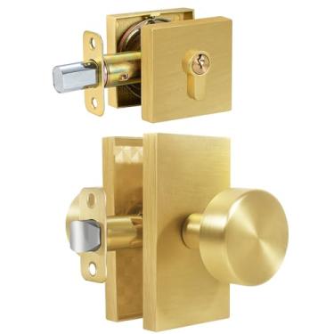 Imagem de Newlaking Maçaneta de porta de passagem de liga de zinco de latão acetinado com fecho, alavanca redonda com placa traseira retangular, conjunto de trava de entrada com chave para portas de escritório