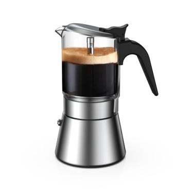 Imagem de Cafeteira Moka de café expresso para fogão SIXAQUAE Tampa de vidro cristal e cafeteira de café expresso de aço inoxidável, indução, cafeteira italiana clássica, 240 ml (6 xícaras)