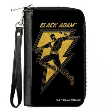 Imagem de Carteira DC Comics, zíper ao redor, preto Adam Lightning Bolt e Action Pose preto amarelo, couro vegano, Amarelo, 7.5"x4.5", Casual