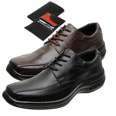 Imagem de Kit 2 Sapato Social Masculino Moderno Couro Ortopédico Cadarço + Carteira Cor:Preto;Tamanho:46;Gênero:Masculino