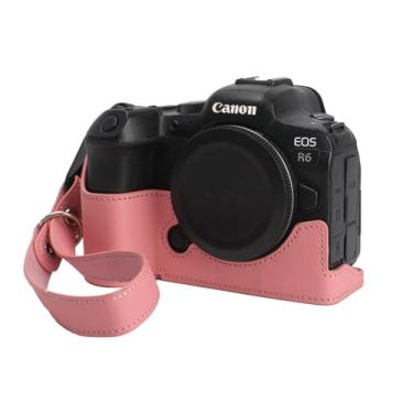 Imagem de Capa para câmera Canon EOS R6/R6II, capa de couro genuíno feita à mão para câmera Canon EOS R6/R6II versão com abertura inferior + alça de mão (rosa)