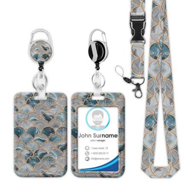 Imagem de Cordão de carretel para crachá de escamas de peixe de sereia, suporte de crachá de identificação em mármore cinza e azul, clipes retráteis, presentes engraçados de enfermeira, professor, escritório,