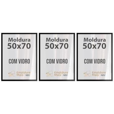 Imagem de Trio 3 Quadros Moldura 50x70 cm Com Vidro para Poster Retrato Foto Quebra Cabeça Decoração Sala Quarto Escritório (Preto)