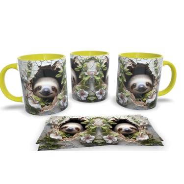 Imagem de Caneca Amarela de Porcelana Personalizadas Arte em 3D Animais (Preguiça)