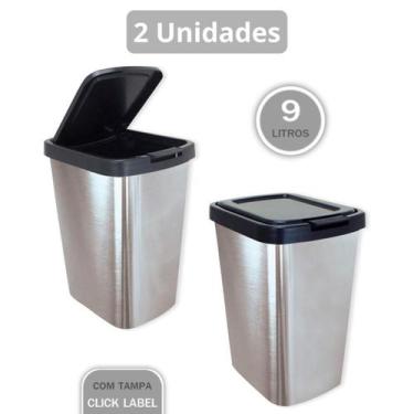 Imagem de 2 Lixeira Inox 9 Litros Label Click Banheiro Cozinha Escritório - Ladi