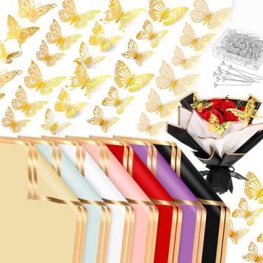 Imagem de Yeaqee 70 folhas de papel de embrulho de flores a granel à prova d'água com borda dourada buquê de fitas de alfinete decoração de borboleta para aniversário e dia dos namorados embalagem (cor