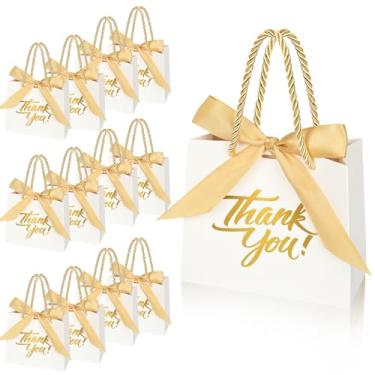 Imagem de Nimbbex Pacote com 50 sacos de presente de agradecimento, sacos de lembrancinha de festa, 14 x 6 x 12 cm, pequenos sacos de presente brancos com alças, mini sacos de doces de papel com fita dourada