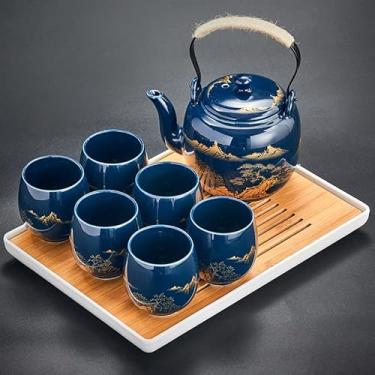 Imagem de Conjunto de chá japonês, conjunto de chá esmaltado preto em caixa de presente com 1 bule, 1 coador de chá, 1 bandeja de chá e 6 xícaras de chá. Conjunto de chá ideal para casa de escritório, conjuntos de chá asiáticos para amantes de chá (azul paisagem)