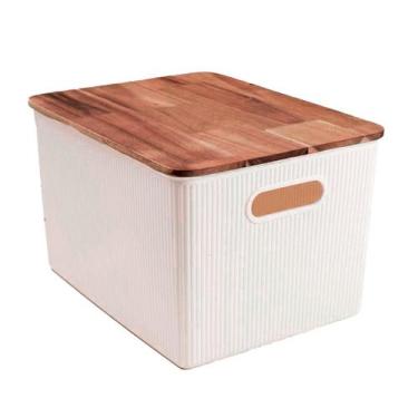 Imagem de caixa organizadora 23L de plástico com tampa de madeira acácia - Oikos