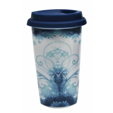 Imagem de Starfrit Caneca de cerâmica Taza To Go de parede dupla de 473 ml com tampa de silicone, design azul natalino