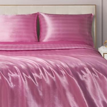 Imagem de Juicy Couture Jogo de cama damasco de cetim sedoso - roupa de cama rosa luxuosa - Lençóis lisos listrados de cetim - tamanho casal
