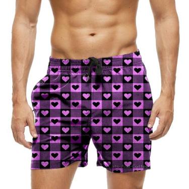 Imagem de Short Praia Shorts Banho Bermuda Verão Xadrez Corações Amor Love 644 -
