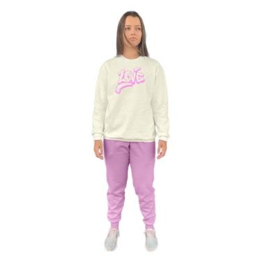Imagem de Conjunto de Moletom Feminino Blusa Sem Capuz e Calça Jogger Estampado 
