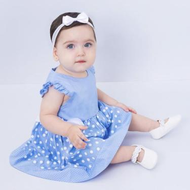 Imagem de Vestido Azul Bebê Menina com Tiara Laço 100% Algodão Mundo Nina Kids, 