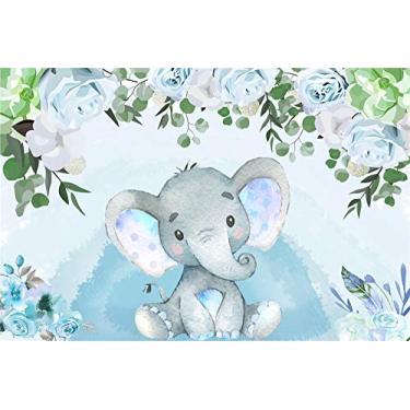 Imagem de AOFOTO Fundo de elefante para bebês com flores, azul claro, 1,8 x 1,2 m, decoração de festa de revelação de gênero para decoração de festa de chá de bebê doce floral para fotografia, crianças, aniversário, estúdio de foto de vinil