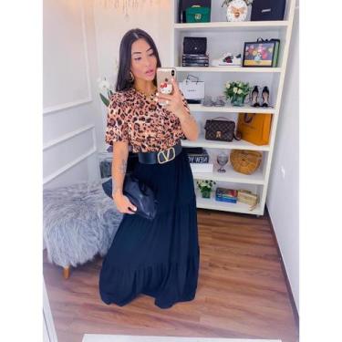 Imagem de Saia Longa Babado Camadas Animal Print - innvistamoda, GG, Preto