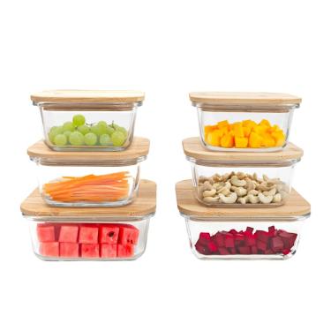 Imagem de kit 6 potes de vidro com tampa em bambu hermético marmita quadrados - Tud