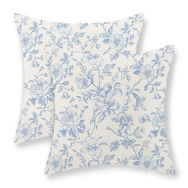 Imagem de JEFERSO Conjunto de 2 capas de almofada floral azul bebê 45,7 x 45,7 cm, conjunto de 2 almofadas florais vintage rústica chinoiserie floral azul e creme para decoração ao ar livre capa de almofada de