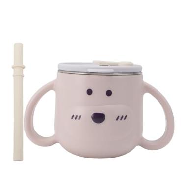 Imagem de Copos Infantis Isolados de Parede Dupla de Aço Inoxidável Com Canudos e Tampas, Caneca Isolada a Vácuo de Parede Dupla Com Alças Duplas, Lindo Copo Isolado para bebê (PINK)