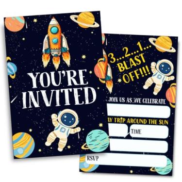 Imagem de Doguiei Convites de festa de aniversário do espaço sideral, convites de festa de astronautas espaciais para meninos e meninas (30 cartões e 30 envelopes)