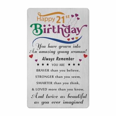 Imagem de Levole Presentes de aniversário de 21 anos para ela, decorações de aniversário de 21 anos para filha, presentes de aniversário de 21 anos para mulheres, cartões de aniversário de metal para neta de 21