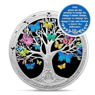 Imagem de Moeda vintage de sobriedade de 20 anos - Árvore da Vida de Recuperação do Vício Moedas AA - Borboleta Colorida Fichas e Medalhões AA - 1-20 Prime NA AA Living Clean Narcóticos Alcoólicos Anônimos