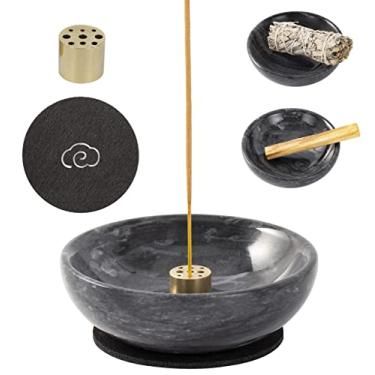 Imagem de Fasolahome Suporte de incenso, lindo queimador de incenso de mármore natural para meditação, 9 furos de incenso adequados para a maioria dos tipos de incenso (preto)
