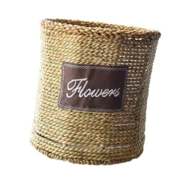 Imagem de IEUDNS Cesta de palha tecida para plantar, recipiente portátil para brinquedos, organizador, cesta de flores, vaso de flores para quintal, festa, Cilíndrico