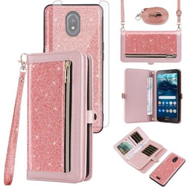Imagem de Asuwish Capa de celular para Nokia C100 4G LTE N152DL Carteira com zíper destacável com protetor de tela de vidro temperado Alça Bling Glitter Flip porta-cartões C 100 100C 5.45 2022 TA1484 feminino