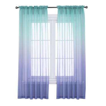 Imagem de ZiDeTang Cortina transparente com cores gradientes, cortinas à prova de sol, bolso para varão, voile, painel de tratamento de janela, fios para sala de estar/quarto, pacote com 2 (132 cm x 183 cm,