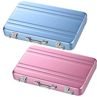 Imagem de 2 peças porta-cartões de visita mala de alumínio para cartão de visita com bolso impermeável para cartão de crédito para homens, organizador de cartões de visita, cartões de identificação, pasta de alumínio, presente para mulher (rosa, azul)