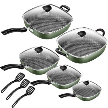 Imagem de Conjunto Frigideiras Antiaderente Quadrada Tampa De Vidro 5 Peças Patolux