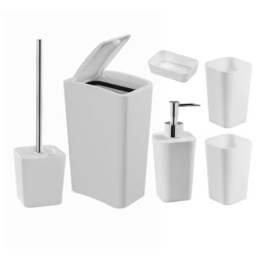 Imagem de Kit Banheiro 6 Peças Lavabo Lixeira Click Escova Sanitária Premium Resistente (Branco)
