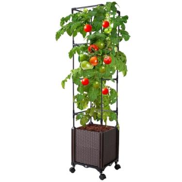 Imagem de Antmoilios Cama de jardim elevada com gaiola de tomate e treliça, caixa de plantador de tomate autoirrigável de 142 cm para flores de vegetais | Rodas bloqueáveis, jardinagem vertical | Uso de pátio