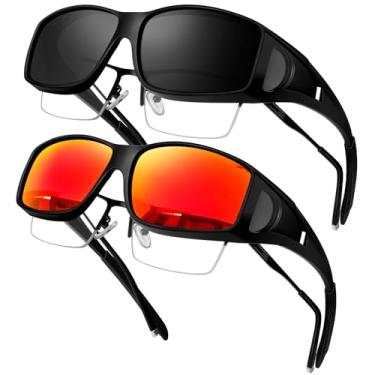 Imagem de KANASTAL Óculos de Sol Sobrepor Masculino Feminino Polarizado Laranja Espelhado Escuro sobre Oculos Proteção UV400 Retangular Envolventes Sunglasses over Glasses Pacote 2 -Espelhado Vermelho + Preto