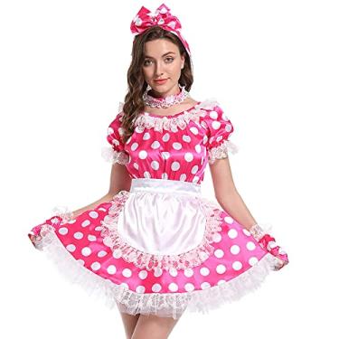 Imagem de Hoplizy Avental francês feminino Sissy vestido de cetim com bolinhas cosplay fantasia crossdress, Vermelho rosa, Large