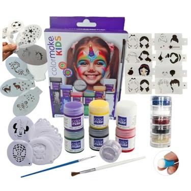 Imagem de Kit pintura facial Rosto + 98 Stencil + Tintas + pinceis + 6 Glitter + batedor de dedo