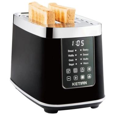 Imagem de Torradeira Elétrica 2 Fatias com 7 Níveis de Tostagem em Aço Inoxidável e Painel Digital, 110V 1400W, KETIAN, Preta