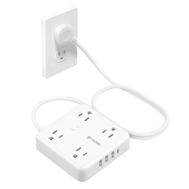 Imagem de TROND Filtro de sobretensão de plugue plano com portas USB, cabo de extensão de 1,5 m com várias tomadas, proteção contra surtos 1440J, tomada de parede com vários plugues para casa, escritório,