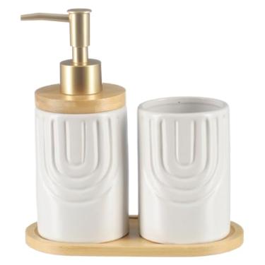 Imagem de Kit Lavabo Banheiro Bambu Porta Sabonete Líquido Escova 887 (Branco)