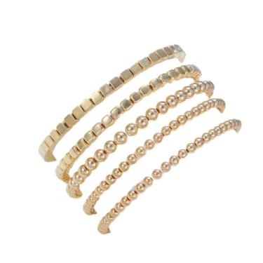 Imagem de COLORFUL BLING Conjunto de 5 a 7 peças de pulseiras empilháveis boêmias em camadas com contas de ouro indiano pulseira elástica Amizade Boho Joias para mulheres, Metal, Liga metálica.