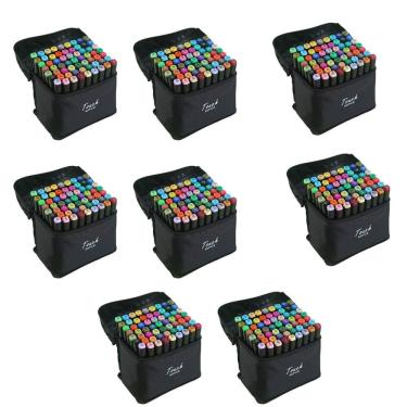 Imagem de Estojo Caneta Permanente 60 Cores Kit 8 unidades Canetinha Ponta Dupla Marcador Bolsa com Alça Desenho Arte Pintura Escola Cartaz