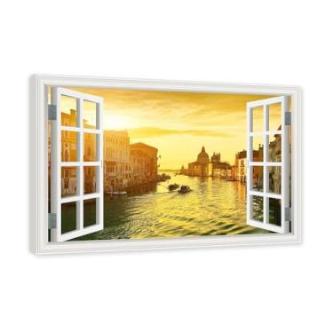 Imagem de Janela de arte de parede com impressão em tela. Vista de janela falsa. Impressão de imagem natural em tela. Arte de parede para sala de estar. (Nascer do sol no Grande Canal de Veneza). Moldura