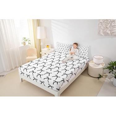 Imagem de Jogo de lençol Queen com laço de desenho animado geométrico, patchwork geométrico, decoração de quarto de meninas e mulheres, lençol de cama simples preto e branco, 2 fronhas