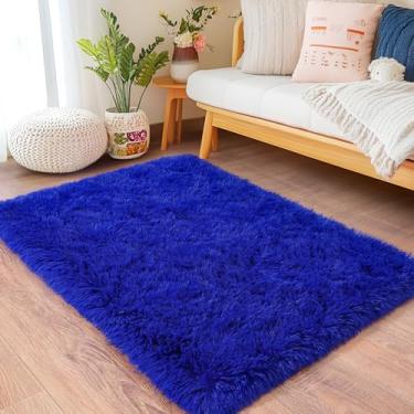 Imagem de Quntue Tapetes pequenos para quarto, tapete macio 5 x 7 cm, antiderrapante, para cabeceira, dormitório, quarto de crianças, tapete felpudo confortável para decoração de casa, estética, azul royal