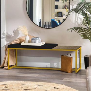 Imagem de Banco Recamier Puff 140cm Industrial Dourado Sintético Preto Tampo Quadrado Mdf Rústico