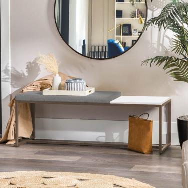 Imagem de Banco Recamier Puff 160cm Industrial Marrom Suede Cinza Tampo Quadrado Mdf Branco