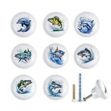 Imagem de JamJam Conjunto de 8 puxadores de gaveta de armário infantil de cerâmica com tema de animais marinhos de 3,8 cm